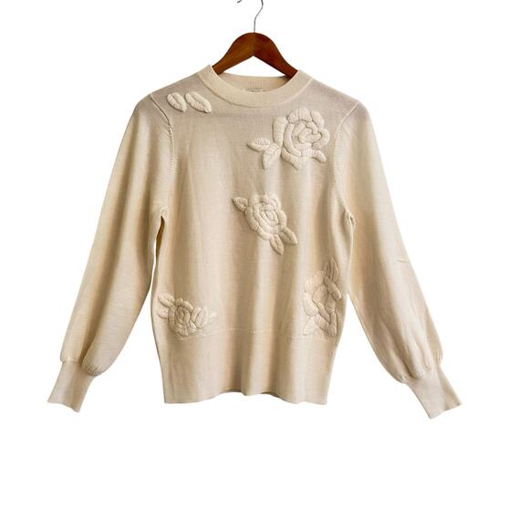 Sundance Brigitte Puffy Embroidered Roses Sweater Sz Large Sweater Cream - Picture 1 of 6
